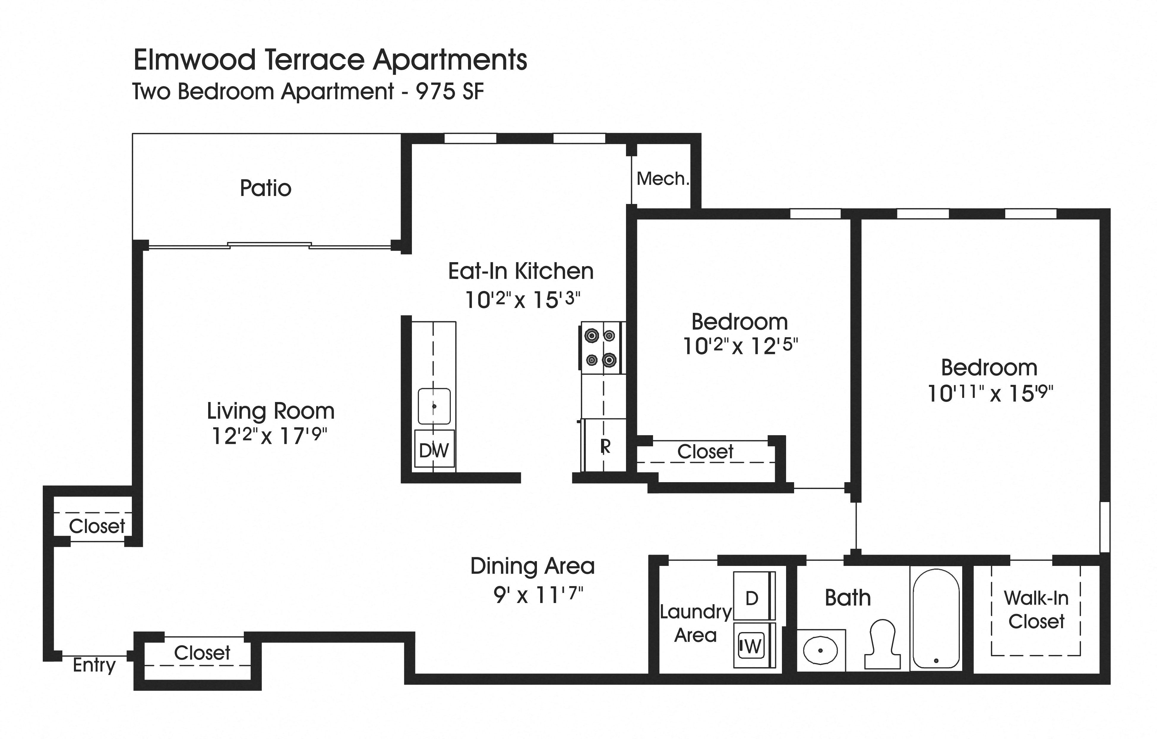 Floor plan for 2 beds, 1 bath, 975 sqft